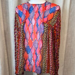 Blank NYC Boho Multicolor Print Peasant Blouse Balloon Sleeve Sheer Viscose Top